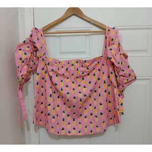 Mark womens xlarge square neck pink yellow pineapple print boxy shirt top